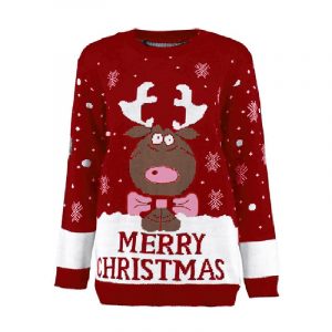 Christmas Jumper Kids Red Reindeer Bow Knitted Christmas Jumper Age 3-12 Years